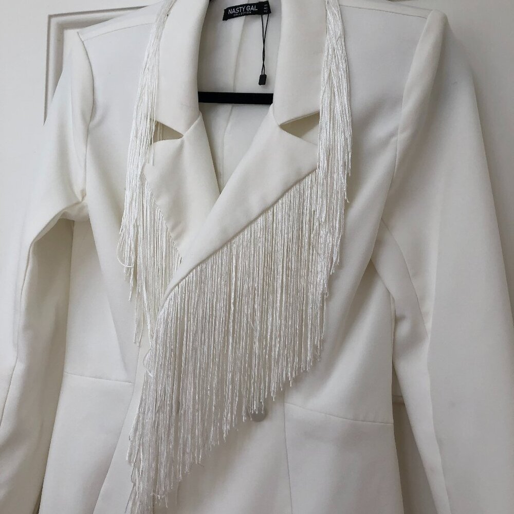 White Oversized Double Breasted Blazer with Fringe